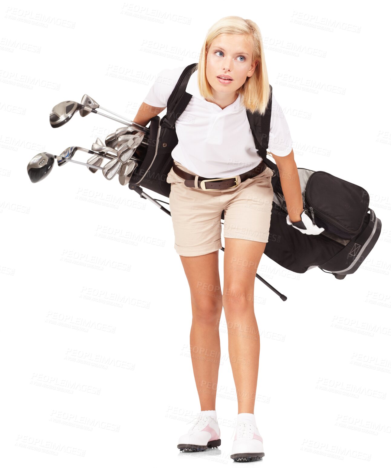 Buy stock photo Golf bag, tired and exhausted sports woman isolated on a transparent, png background. Fitness, wellness and female golfer or player with heavy equipment for training, workout or sport competition