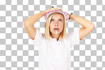 Golf, mistake and game with a sports woman looking worried. Shocked, surprised and biting a tee with a female golfer standing hands on head on blank space isolated on a png background