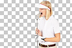 Golf, club and frustrated sports woman with marketing mock up, studio advertising space or angry over game. Bite, challenge fail and golfer anger over competition mistake on mockup isolated on a png background