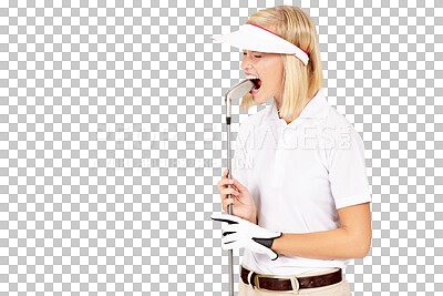 Buy stock photo Angry, sports and woman biting a golf club for stress isolated on a transparent, png background. Mistake, frustrated and female golfer or athlete player with anger about competition fail or loss