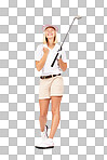 Excited, golf and woman winning, smile and achievement for female player. Competitor, sports and player with happiness, gold and victory in competition or champion isolated on a png background