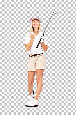 Buy stock photo Sports, golf and woman celebrate win isolated on a transparent, png background. Fitness, wellness and female golfer or athlete player with fist for competition celebration, goal success and winning