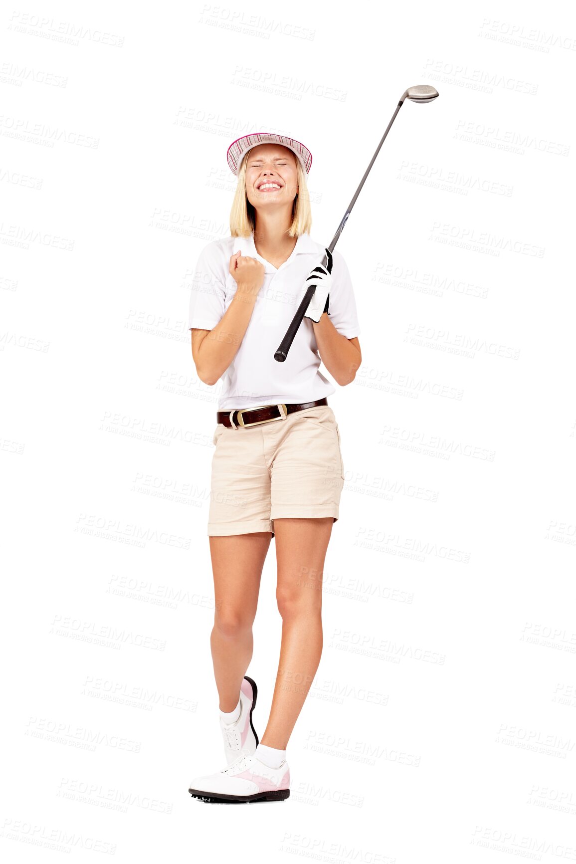 Buy stock photo Sports, golf and woman celebrate win isolated on a transparent, png background. Fitness, wellness and female golfer or athlete player with fist for competition celebration, goal success and winning