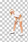 Woman, golf and stick ready for sports game, match or fun golfing. Happy blond female golfer isolated in sport with golf club screaming in frustration after shot isolated on a png background