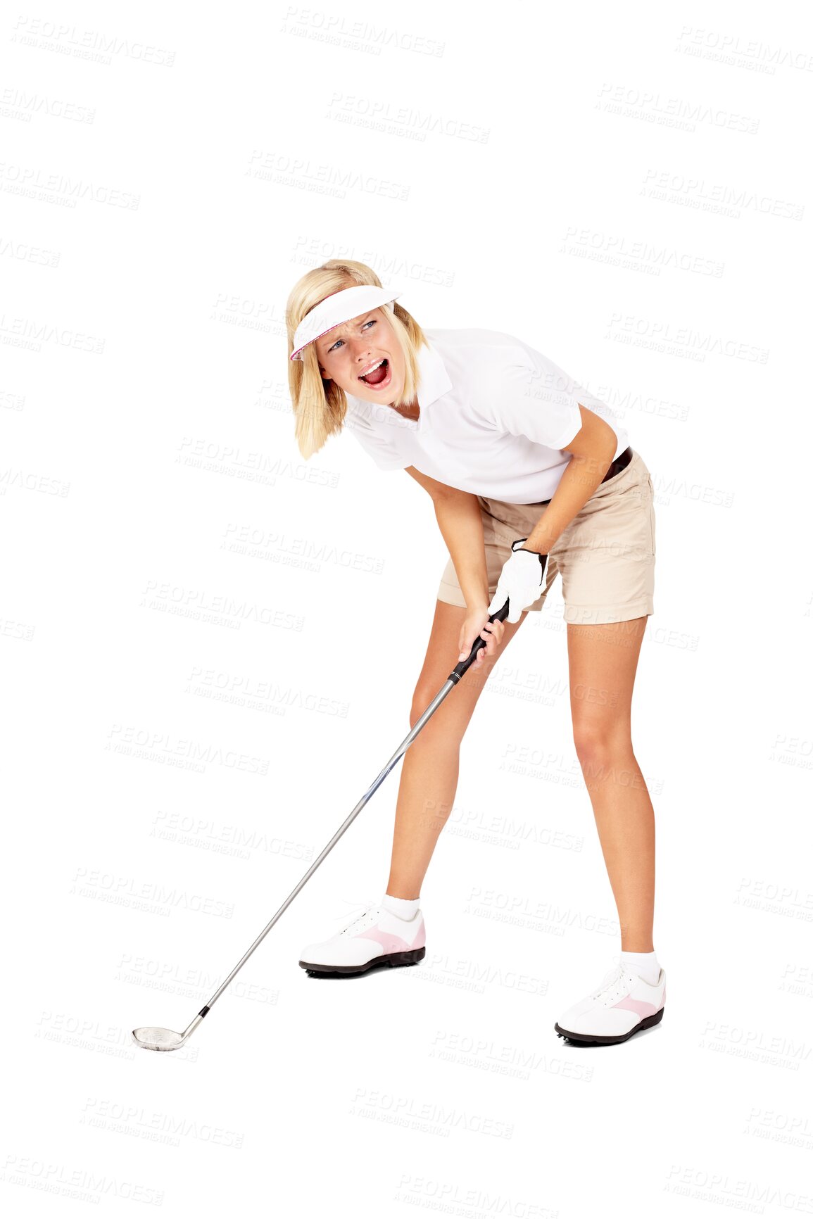 Buy stock photo Sports, shouting and angry woman with a golf club for exercise isolated on a transparent, png background. Fitness, anger and female golfer or athlete player upset about training or competition loss