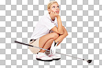 Bored, young woman and golfer thinking with golf club and isolated on a png background space isolated. Idea, sports and female athlete model in studio wondering about sport game with full body and mock up space