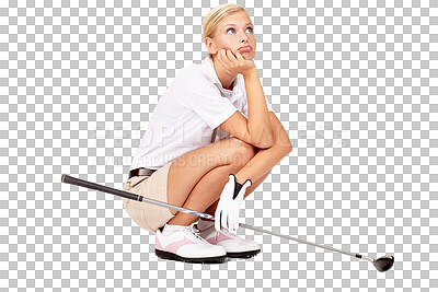 Buy stock photo Golf, thinking and bored woman with club for sports activity or kneeling thoughtful. Athlete golfer person waiting, upset or sad about competition fail isolated on a transparent, png background