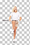 Golf, anger and mockup with a sports woman breaking her club in studio isolated on a png background. Anxiety, stress and mock up with a female or golfer or athlete feeling frustrated on blank space