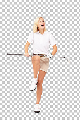 Buy stock photo Golf, angry and frustrated sports woman breaking her club in isolated on a transparent, png background. Anxiety, stress and anger of a female golfer or athlete player upset about competition fail