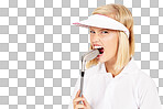 Golf, mockup and portrait with a woman biting her club in studio isolated on a png background for sports. Sport, stress and mock up with a female golfer frustrated or angry at a competitive match