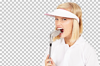 Buy stock photo Sports, angry and woman biting a golf club portrait for stress isolated on a transparent, png background. Fitness, frustrated and female golfer or player with anger about competition fail or loss