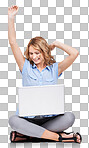 Business, laptop and woman excited, celebration and employee. Consultant, female entrepreneur and lady with computer, winner and website launch for startup company isolated on a png background