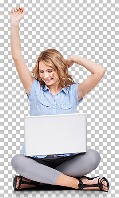 Buy stock photo Business, laptop and woman excited, celebration or website launch isolated on transparent studio background. Female entrepreneur, freelancer or lady with device, achievement or winner on png backdrop