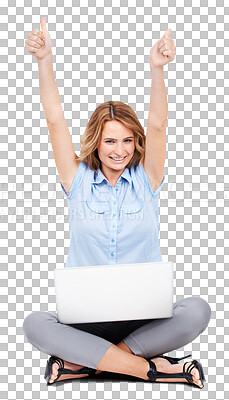 Buy stock photo Laptop, thumbs up and portrait of woman on the floor for success, excited and thank you. Smile, work and sign of a female worker celebrating good news or email isolated on transparent png background