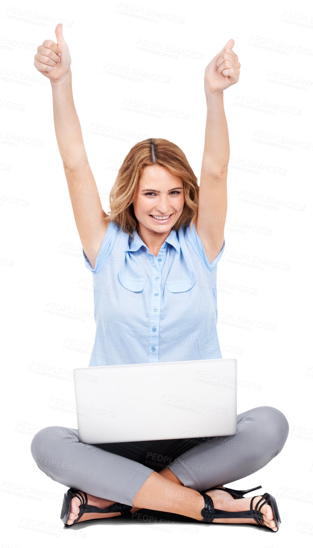 Buy stock photo Laptop, thumbs up and portrait of woman on the floor for success, excited and thank you. Smile, work and sign of a female worker celebrating good news or email isolated on transparent png background