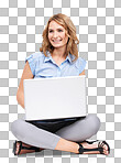 Working, happy woman and laptop writing of a learning, networking and communications worker. Happiness, smile and contact us tech employee on the floor online freelancer typing with connectivity isolated on a png background