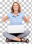 Portrait, thumbs up and business woman on laptop in studio, happy for remote work. Face, smile and winning hand sign by entrepreneur enjoying freelance, good news or goal success isolated on a png background