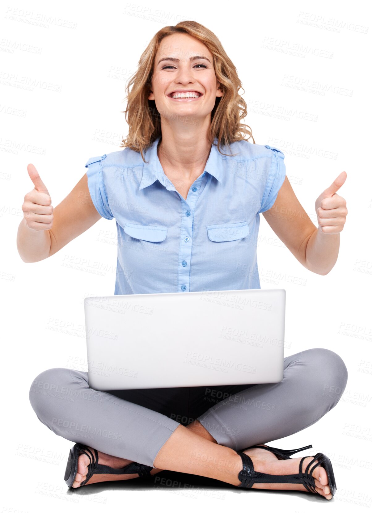 Buy stock photo Portrait, thumbs up and business woman on laptop happy for remote work. Smile and winning hand sign by entrepreneur person for freelance, good news or success isolated on transparent, png background