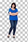 Arms crossed, smile and portrait of a plus size woman. Fashion, elegant and happy clothing model with confidence, high heels and arms folded on isolated on a png background