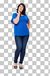 A Woman, thinking and fashion idea of plus size model for planning, decision and choice. Full body of model  to think about ideas, promotion or inspiration to lose weight isolated on a png background