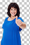 Portrait, woman and thumbs up for achievement, success and confident female. Mature lady, smile and hand for solidarity, positive reaction and support for decision isolated on a png background