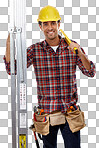 Handyman, portrait and maintenance worker with man, construction and employee with ladder and helmet for safety. Construction worker, tools and happy man with contractor isolated on a png background