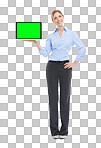 Laptop, green screen and portrait of businesswoman, isolated on a png background studio of mockup advertising. Happy worker, female model and mock up computer, internet technology or email marketing