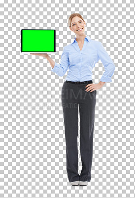 Buy stock photo Laptop, green screen and portrait of business woman, isolated on a transparent png background. Happy worker, female model and a blank mock up computer, internet technology or email marketing