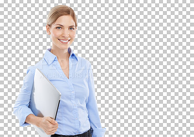 Buy stock photo Business woman, laptop and professional portrait with 
technology and internet network. Company computer, email work and employee looking happy with tech mockup isolated on transparent png background