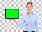 Portrait, green screen and business woman with laptop in studio isolated on a png background. Face, product placement and female employee holding computer with mock up, chroma key or marketing space.