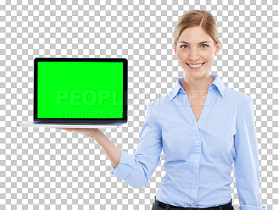 Buy stock photo Portrait, green screen or woman with laptop, smile or business person isolated on transparent studio background. Face, female employee or consultant holding computer, space or success on png backdrop