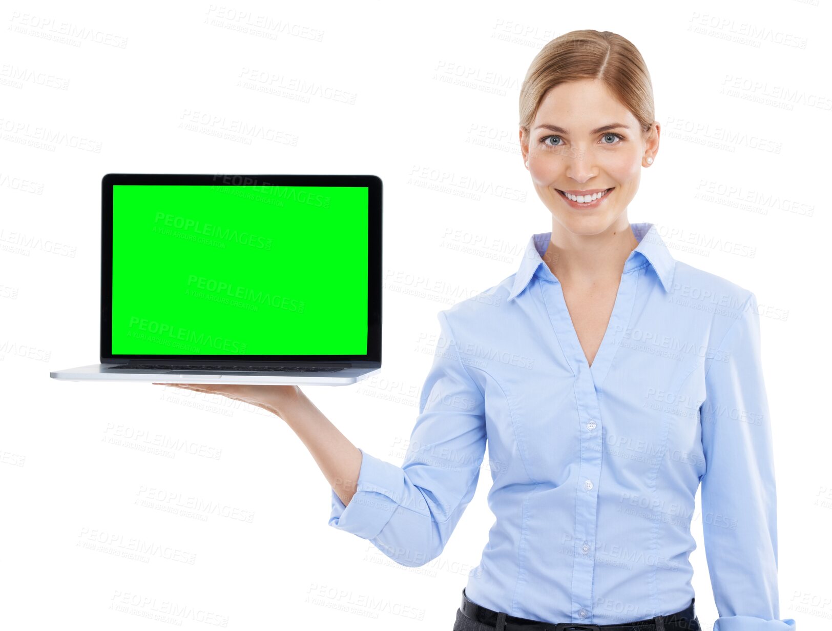 Buy stock photo Portrait, green screen or woman with laptop, smile or business person isolated on transparent studio background. Face, female employee or consultant holding computer, space or success on png backdrop