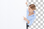 News, announcement and businesswoman with blank sign, mockup and product placement isolated on a png background. Advertising, marketing and body portrait of happy woman with poster board and smile.