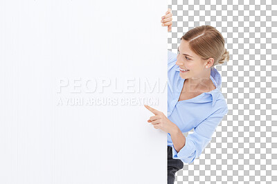 Buy stock photo News, announcement and a woman with mockup sign, blank signage and isolated on a transparent png background. Advertising, marketing and a happy executive woman with a poster board and pointing smile