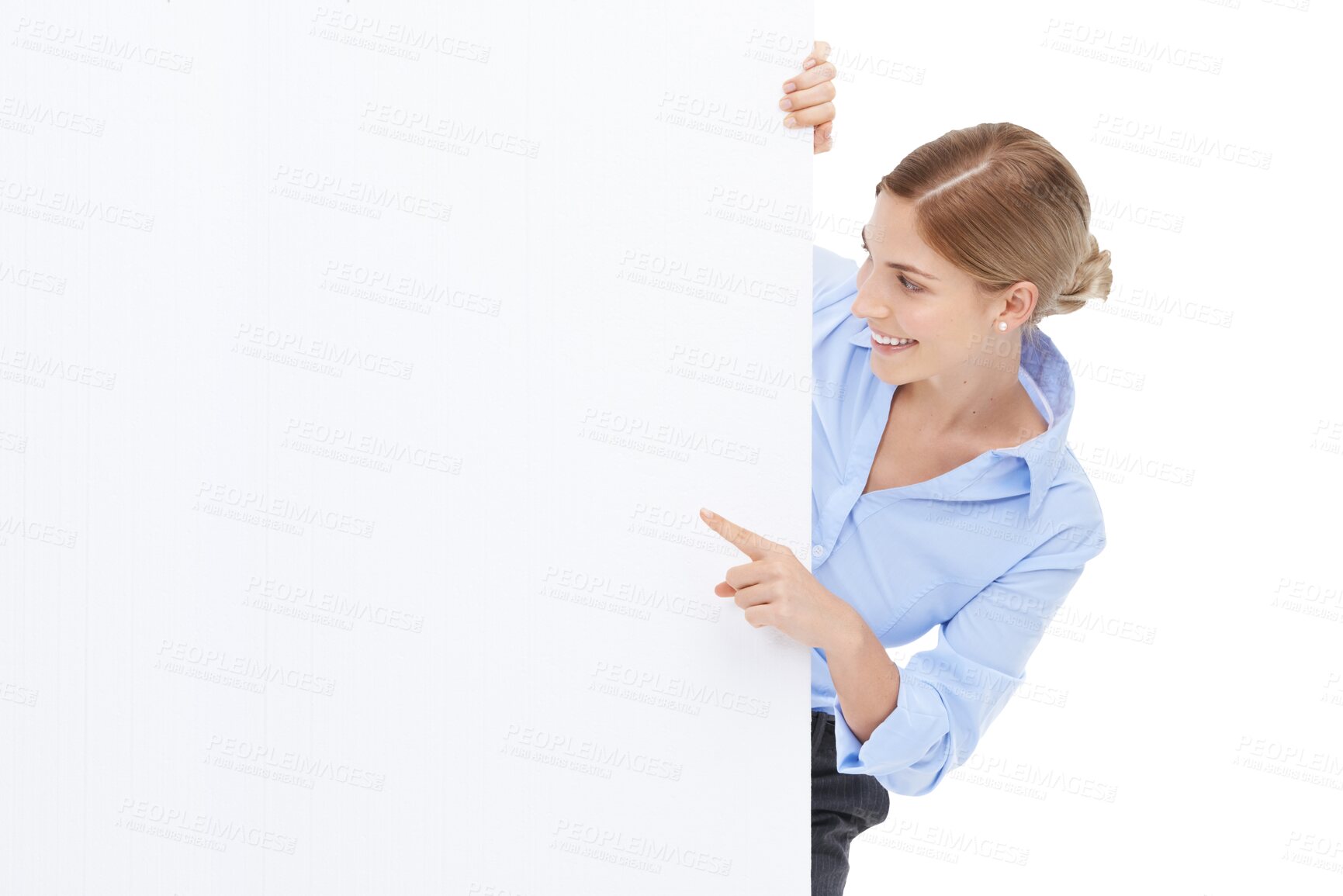 Buy stock photo News, announcement and a woman with mockup sign, blank signage and isolated on a transparent png background. Advertising, marketing and a happy executive woman with a poster board and pointing smile