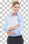 Corporate, worker and business woman with laptop in portrait, technology and internet network isolated on a png background. Company communication, email and employee work, happy professional female with tech