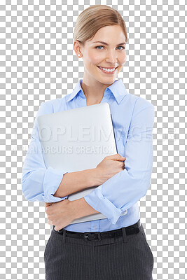 Buy stock photo Portrait, business and woman with a laptop, smile or girl isolated on a transparent studio background. Face, happy female employee or entrepreneur with happiness, device or technology on png backdrop