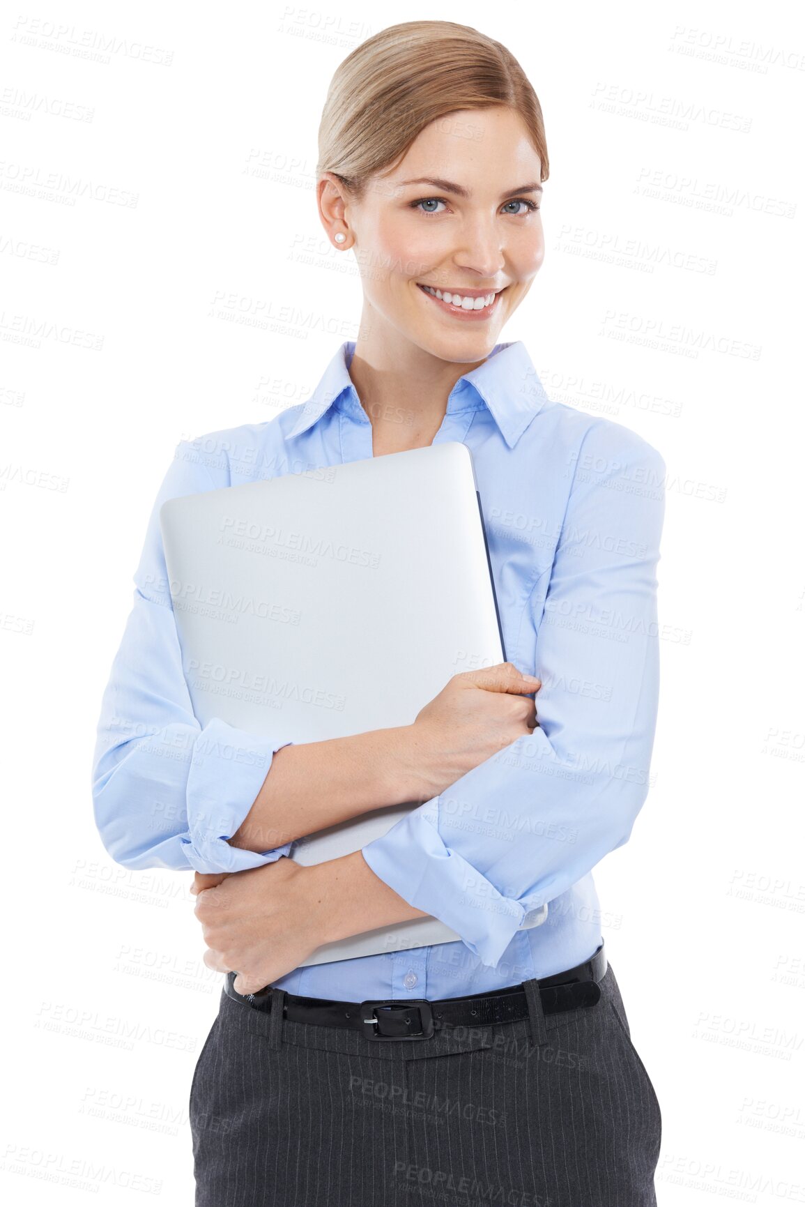 Buy stock photo Portrait, business and woman with a laptop, smile or girl isolated on a transparent studio background. Face, happy female employee or entrepreneur with happiness, device or technology on png backdrop