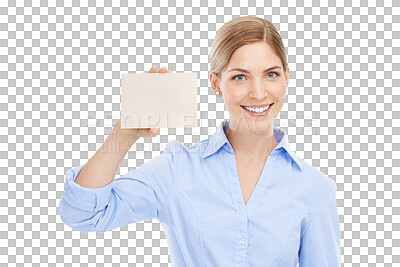 Buy stock photo Portrait, smile and woman with a card, mockup and announcement isolated against a transparent studio background. Face, happy female person and consultant with poster, space or signage on png backdrop