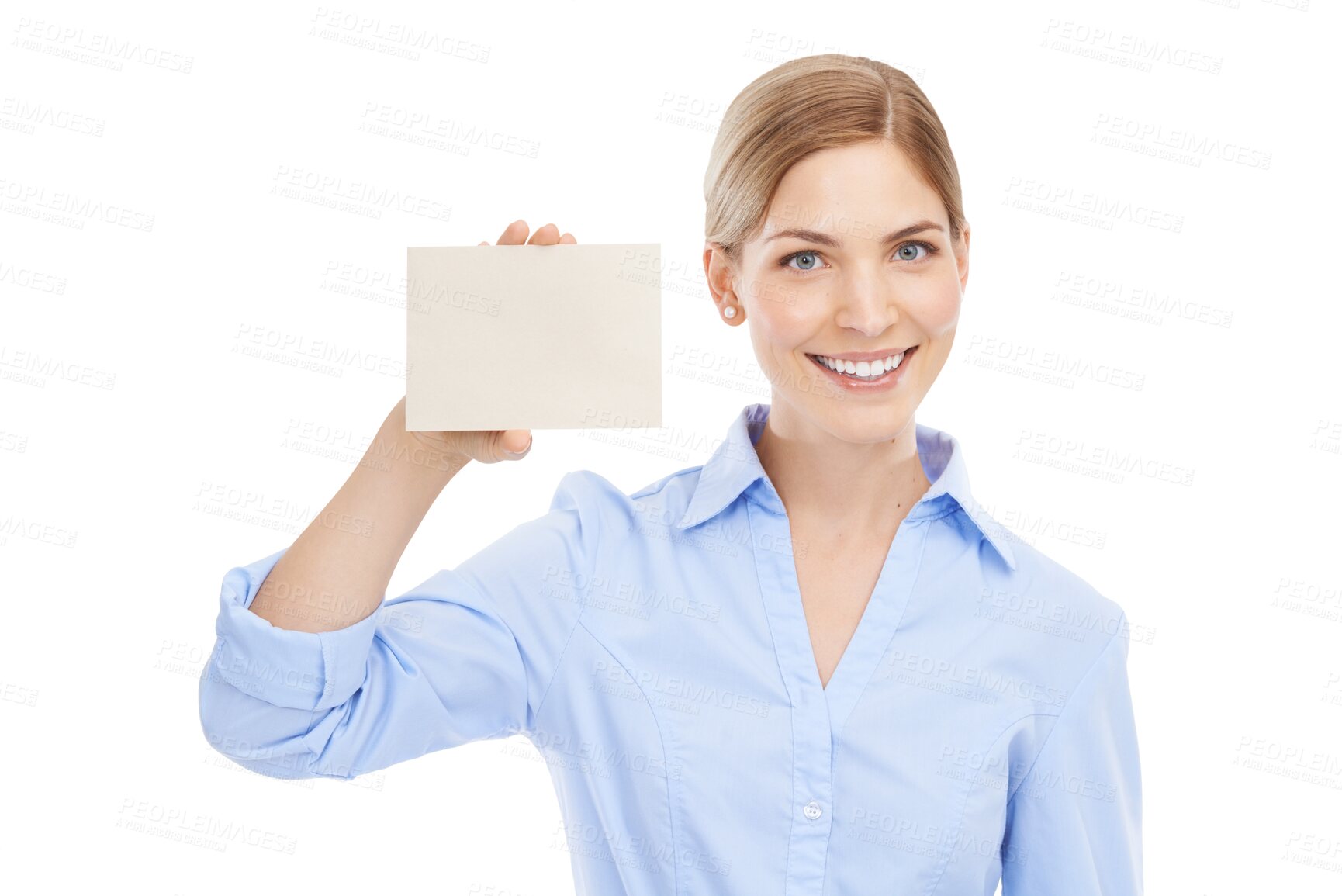 Buy stock photo Portrait, smile and woman with a card, mockup and announcement isolated against a transparent studio background. Face, happy female person and consultant with poster, space or signage on png backdrop