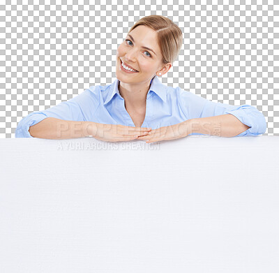 Buy stock photo Presentation, billboard and business woman is happy in portrait, product placement isolated on transparent, png background. Blank signage, marketing with promo poster mockup and female with smile