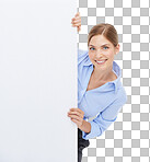 Poster, sign and portrait of business woman excited for space, billboard or mockup for advertising brand. Female with marketing announcement, product placement or signage isolated on a png background