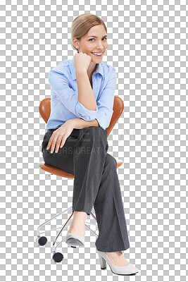 Buy stock photo Portrait, smile and woman on office chair, success and corporate isolated on transparent studio background. Face, female employee and happy professional sitting,  happiness and model on png backdrop