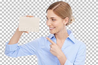 Buy stock photo Business, smile and woman pointing to card, sales and success isolated on a transparent studio background. Female employee, consultant and worker with poster, brand development and on png backdrop