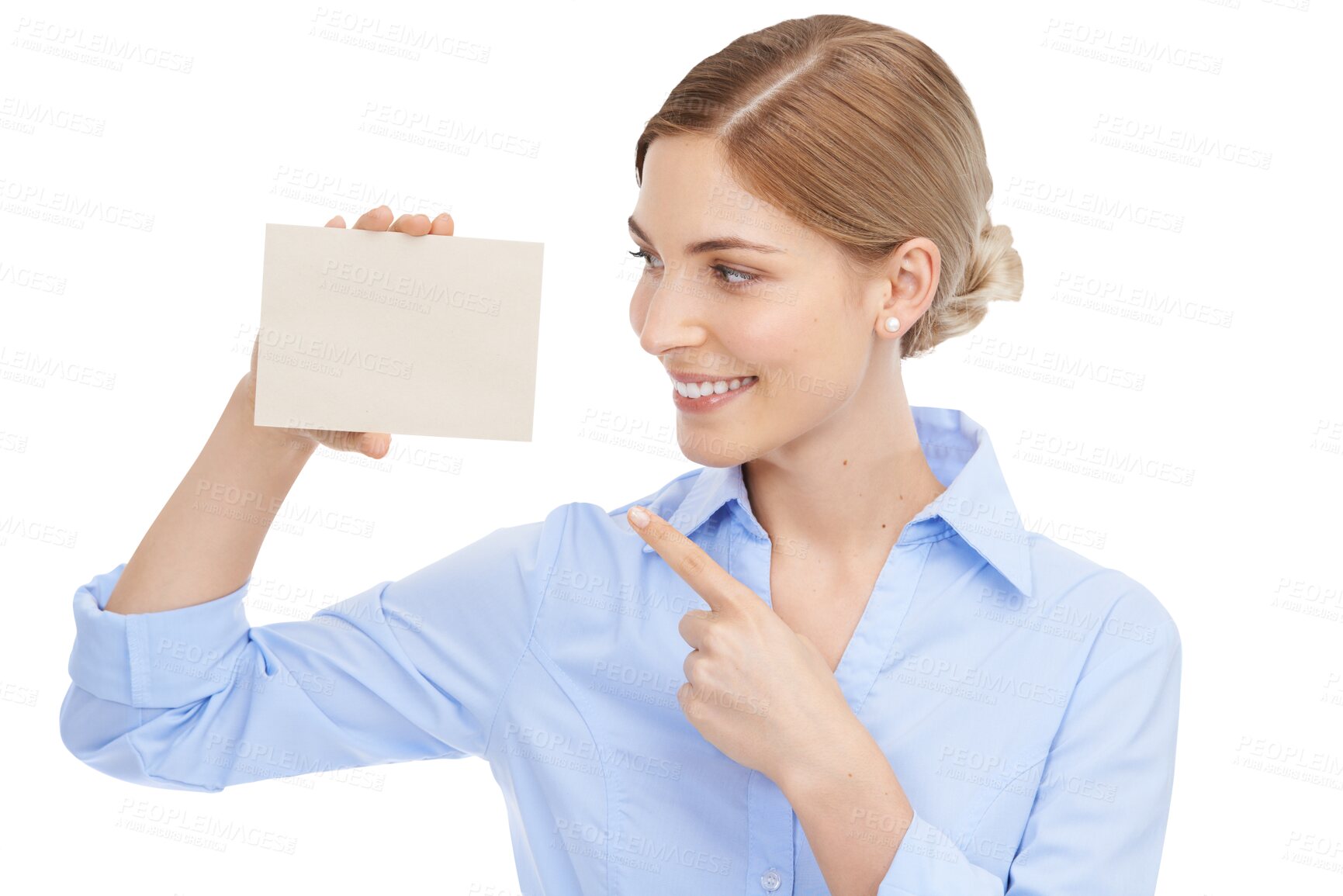 Buy stock photo Business, smile and woman pointing to card, sales and success isolated on a transparent studio background. Female employee, consultant and worker with poster, brand development and on png backdrop