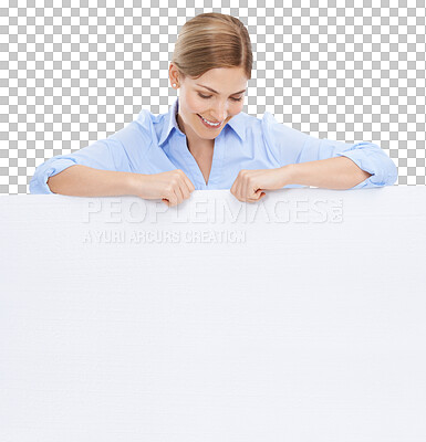 Buy stock photo Presentation, billboard and business woman with product placement isolated on transparent, png background. Signage, marketing banner with promo poster mockup and female with smile and announcement