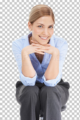 Buy stock photo Business woman, portrait and a smile on chair isolated on a transparent png background. Happy female worker, work and office seat of a young employee, entrepreneur and girl in a corporate career