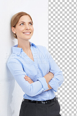 Buy stock photo Happy, thinking and businesswoman with crossed arms by wall with an idea, plan or question. Smile, pensive and professional young female with contemplating face isolated by transparent png background