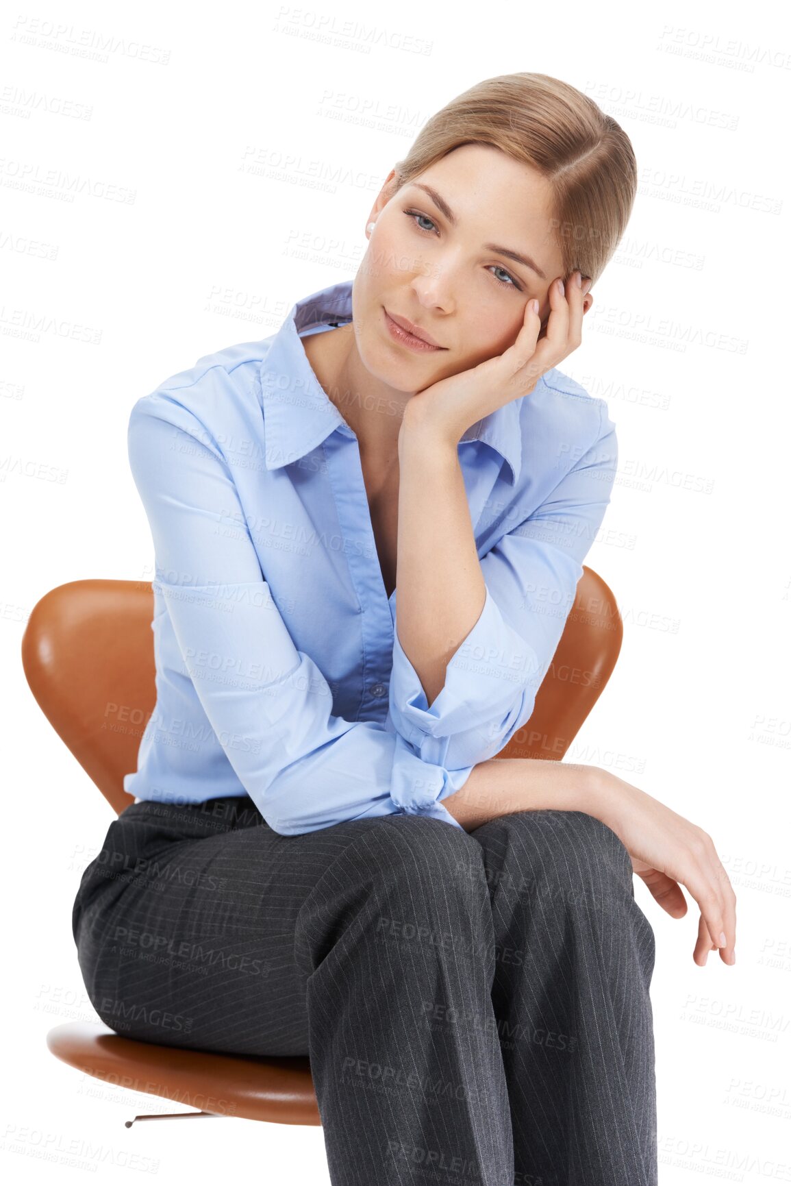 Buy stock photo Thinking, bored and PNG with a business woman on a chair isolated against a transparent background while waiting. Idea, delay and late with an attractive young female employee sitting on a seat