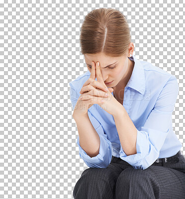 Buy stock photo Stress, anxiety and PNG with a business woman isolated on a transparent background suffering from burnout. Mental health, headache and pain with a young female employee feeling overworked or tired